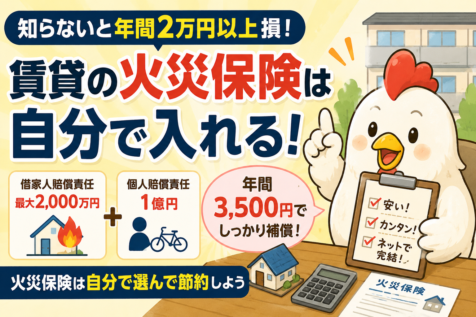 知らないと年間2万円以上損!賃貸の火災保険は自分で入れる！実際に年間3,500円で契約した体験談